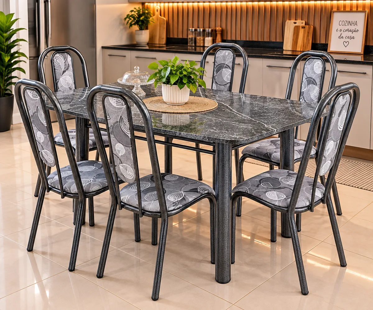 CONJUNTO DE MESA COM 6 CADEIRAS TAMPO EM GRANITO DE 1,40X0,70