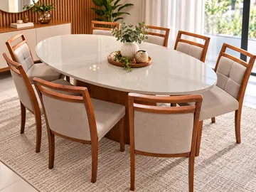 MESA DE SALA DE JANTAR OVAL COM 8 CADEIRAS